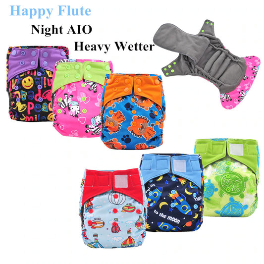 5Pcs Happy Flute Night Use AIO Cloth Diaper Heavy Wetter Baby Diapers Bamboo Charcoal Double Guards Fit 3-15Kg Baby